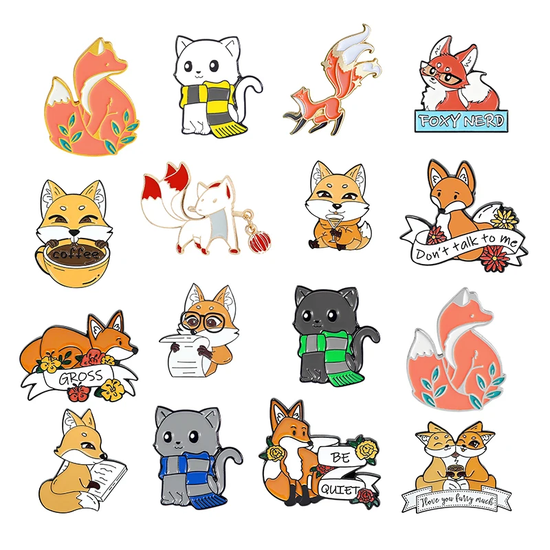 

Book wine coffee couple fox Enamel Pin Custom Scarf fox Brooches Shirt Lapel Bag Funny Animal Plant Badge Jewelry Gifts for Kids