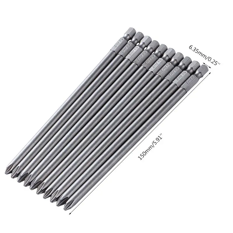 

10PCS 1/4'' 150MM Length S2 Steel Magnetic Screwdriver Bits Cross Head PH2 Electric Screwdriver Bit Set M89B63HF