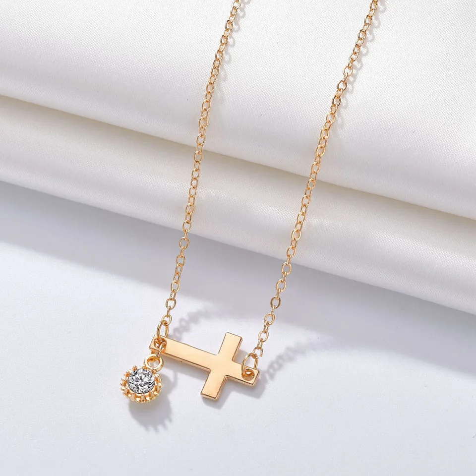Классическая Женская Золотая цепочка ожерелье с крестом и блестящим кристаллом
