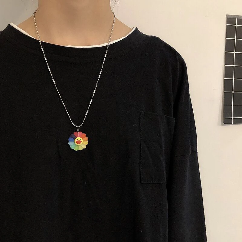 

Fashion Harajuku Stainless Steel Necklace Titanium Steel Sun Flower Sunflower Colorful Petals Smiley Sunflower Necklace