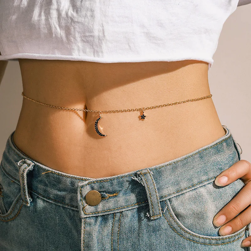 

New Punk Minimalism Zinc Alloy Gold Color Waist Chains For Women Fashion Geometric Flowers Moon Pendant Sexy Body Chain Jewelry