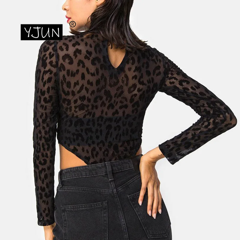 Сексуальное прозрачное леопардовое боди женские топы Осенние облегающие