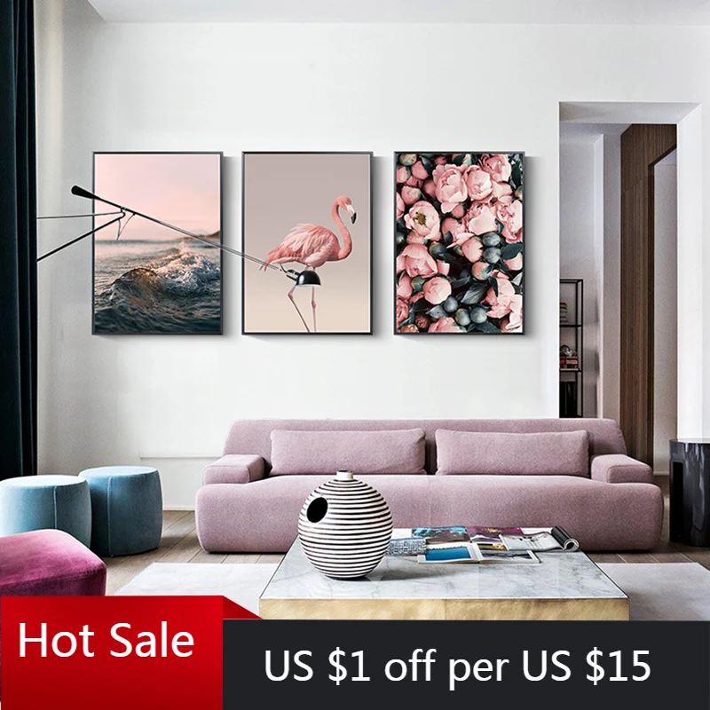 Розовый цветок фламинго на северном побережье: картина на холсте, декор для стен, печати для постеров и эстетическая комната.