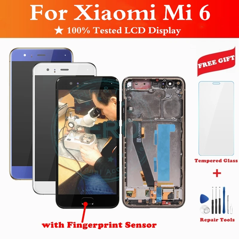 ЖК дисплей с рамкой для Xiaomi Mi 6 100% испытано сенсорный экран датчиком отпечатков