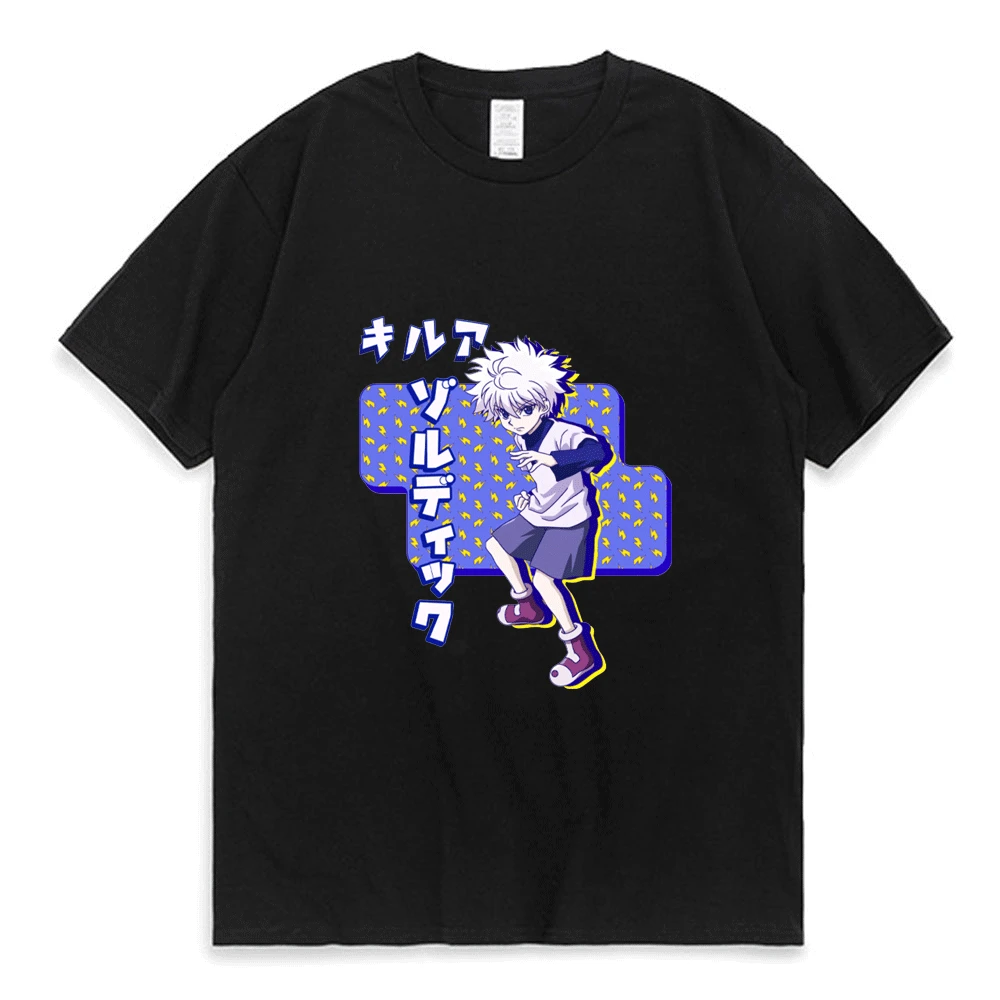 

Футболка Мужская/женская с круглым вырезом, Милая Черная хлопковая рубашка с короткими рукавами, с рисунком аниме Hunter X Hunter Killua Zoldyck, для колл...