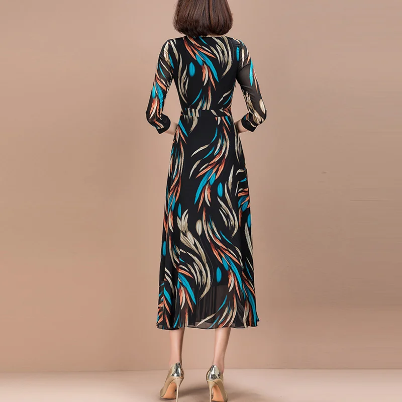 

New 2021 Spring Fashion Three Quarter Sleeve Printed Patchwork Long Chiffon Dress for Women