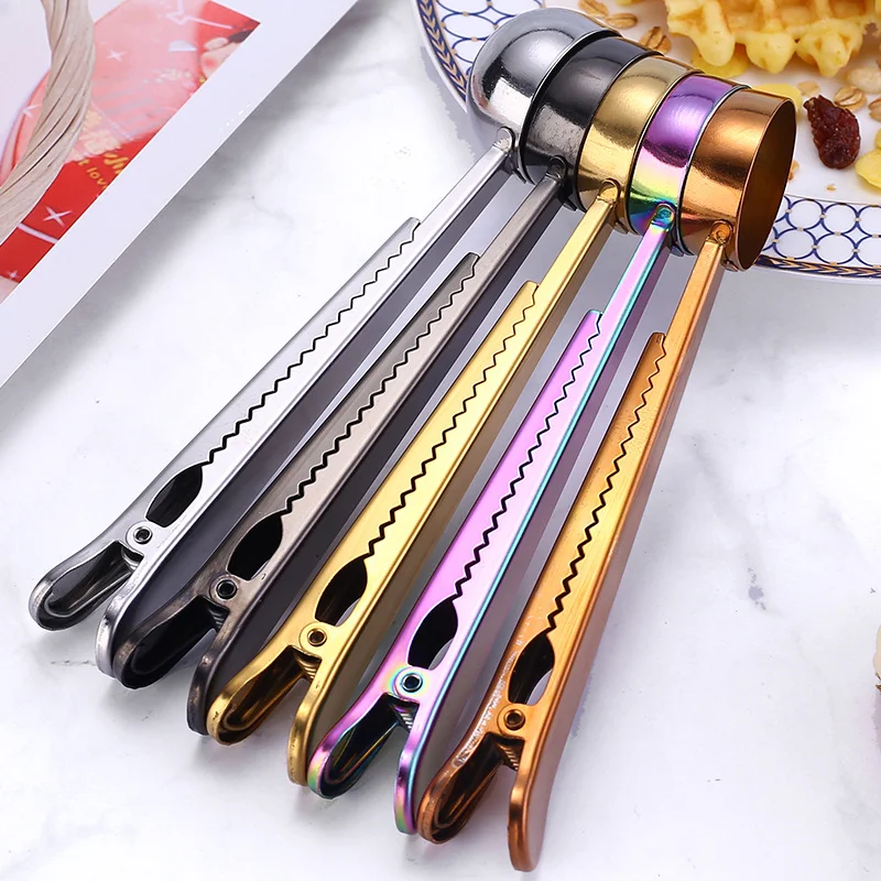 

Cafe Expresso Decoration Kitchen Accessory Two-In-One Stainless Steel Gold Silver Coffee Measuring Spoon Seasoning Sealing Clip