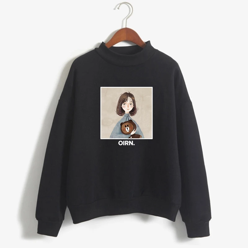 

Harajuku Hoodie Women Autumn Winter Fleece Turtleneck Sweatshirt Casual Kawaii Girl And Bear Cartoon Print Tops Friends Clothing