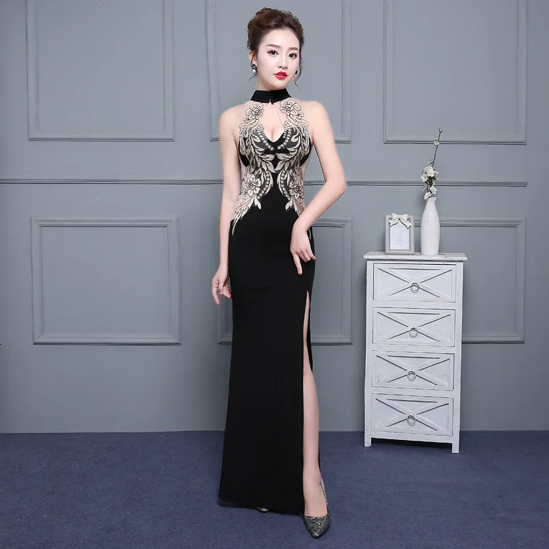 

Perspective Lace Applique Lady Formal Party Straight Dresses Sexy Halter Long Dress Evening Prom Gown Elegant Banquet Qipao