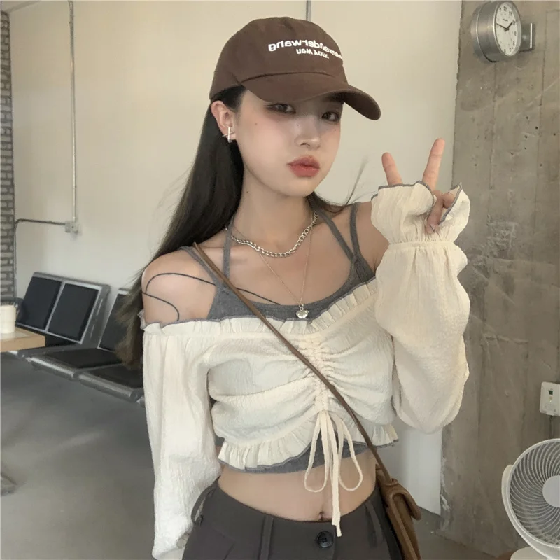 

Женский комплект из двух предметов, летний короткий топ с рукавами-лепестками и рубашка, Y2k