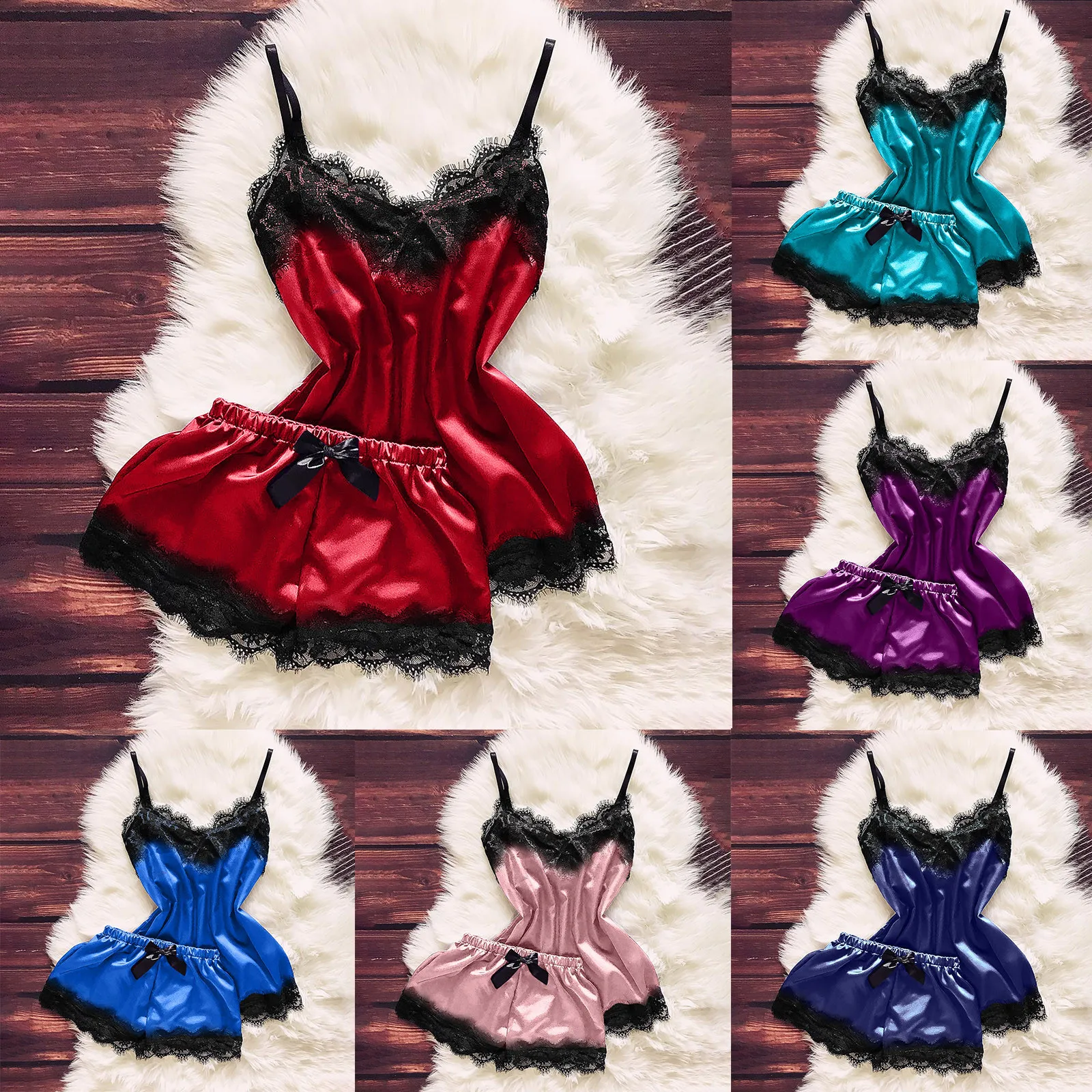

Women Bowknot Sleepwear Lace Sexy Stain Camisole Pajamas Set V-Neck Sleeveless Cami Top And Shorts Set Patchwork Pajama J60