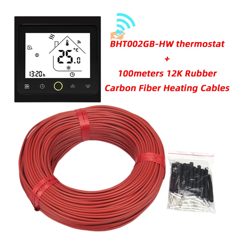 100m and BHT002GB-HW 100 м может быть отправлен из России 12 к с термостатом Красного силиконового каучука инфракрасного углеродного волокна теплый пол нагревательный кабель - Цвет: 100m and BHT002GB-HW