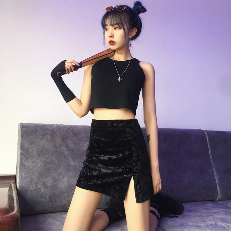 Черная юбка трапециевидной формы в стиле ретро китайском Высокая с тонкой талией