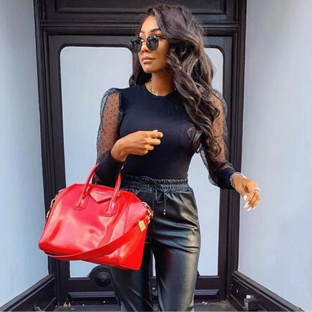 

2021 New Lace Puff Sleeve Women's Bodysuit Autumn Polka Dot Elegant Vintage Bodycon Jumpsuit Tops Skinny Mesh Rompers Ladies