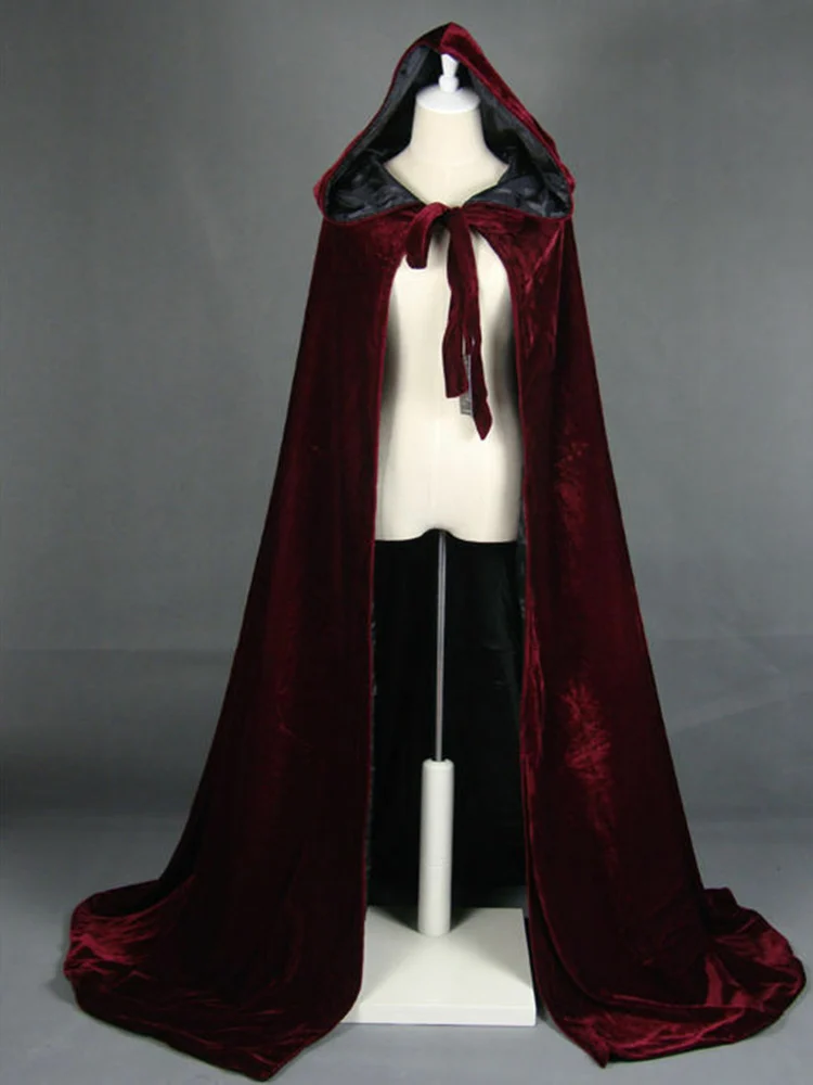 Wine red - black Бархатная Свадебная накидка с капюшоном, длинный плащ, свадебные аксессуары, костюм на Хэллоуин, свадебная шаль невесты, плащ - Цвет: Wine red - black