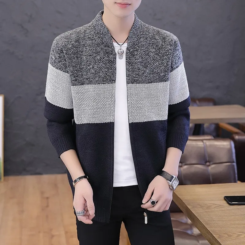 

Fashion Mens Slim Fit Sweater Jacket Striped Colors Mixed Cardigan Casual Knitwear Outwear Coat Autumn Man Sweaters Cardigans