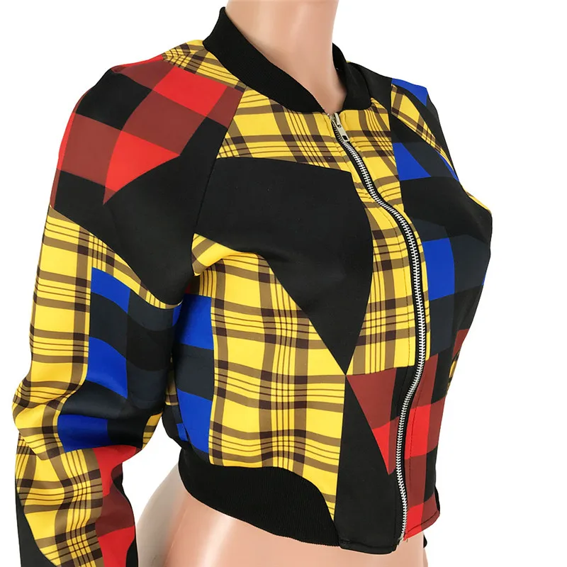 Женская клетчатая куртка-бомбер с длинным рукавом Повседневная тонкая