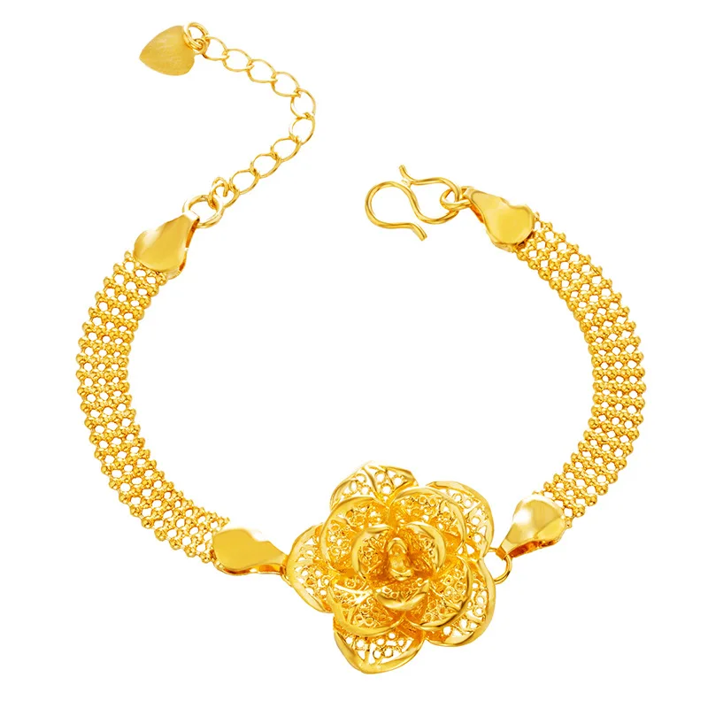 

24K Gold Chain flower shape Bangles Bracelets for Women Wedding real 24K Gold Jewelry Adjustable Fashion Cuff Gold Party jewelry