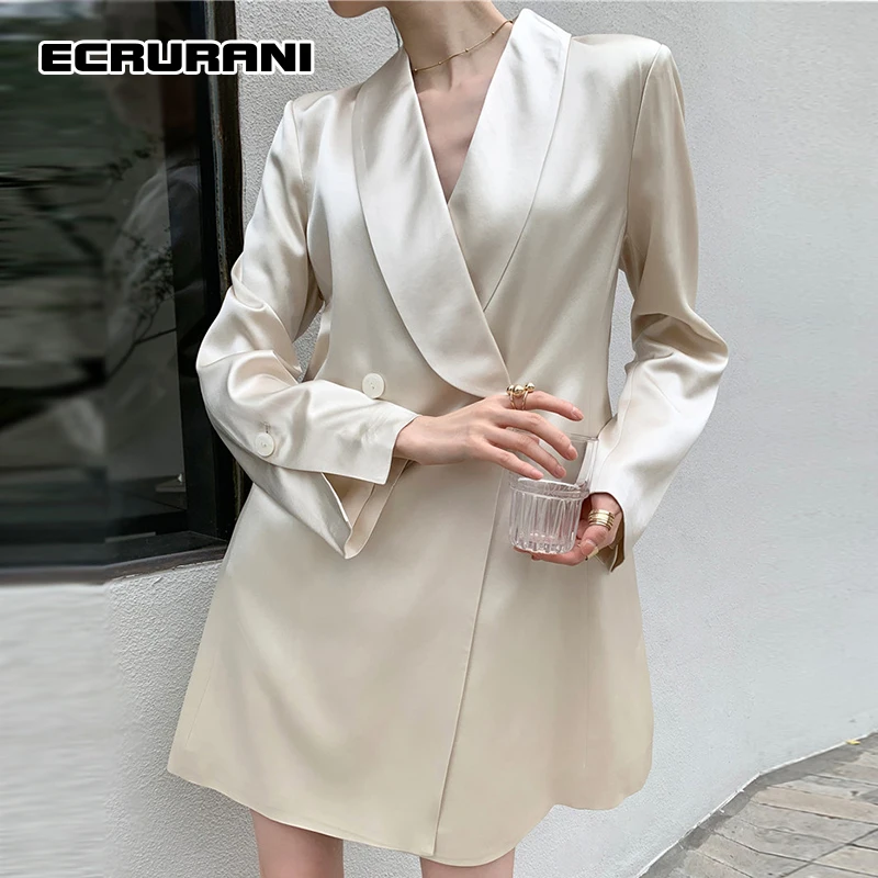 

ECRURANI Solid Elegant Blazer For Women notched collar Long Sleeve Loose Double Breasted minimalist Coat Female New 2021 Spring