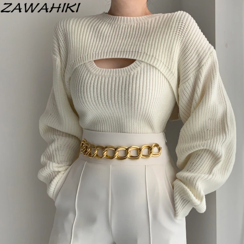 

Zawhiki корейский шикарный элегантный модный свитер, Осенний сексуальный облегающий однотонный топ с U-образным вырезом, вязаный пуловер для ж...