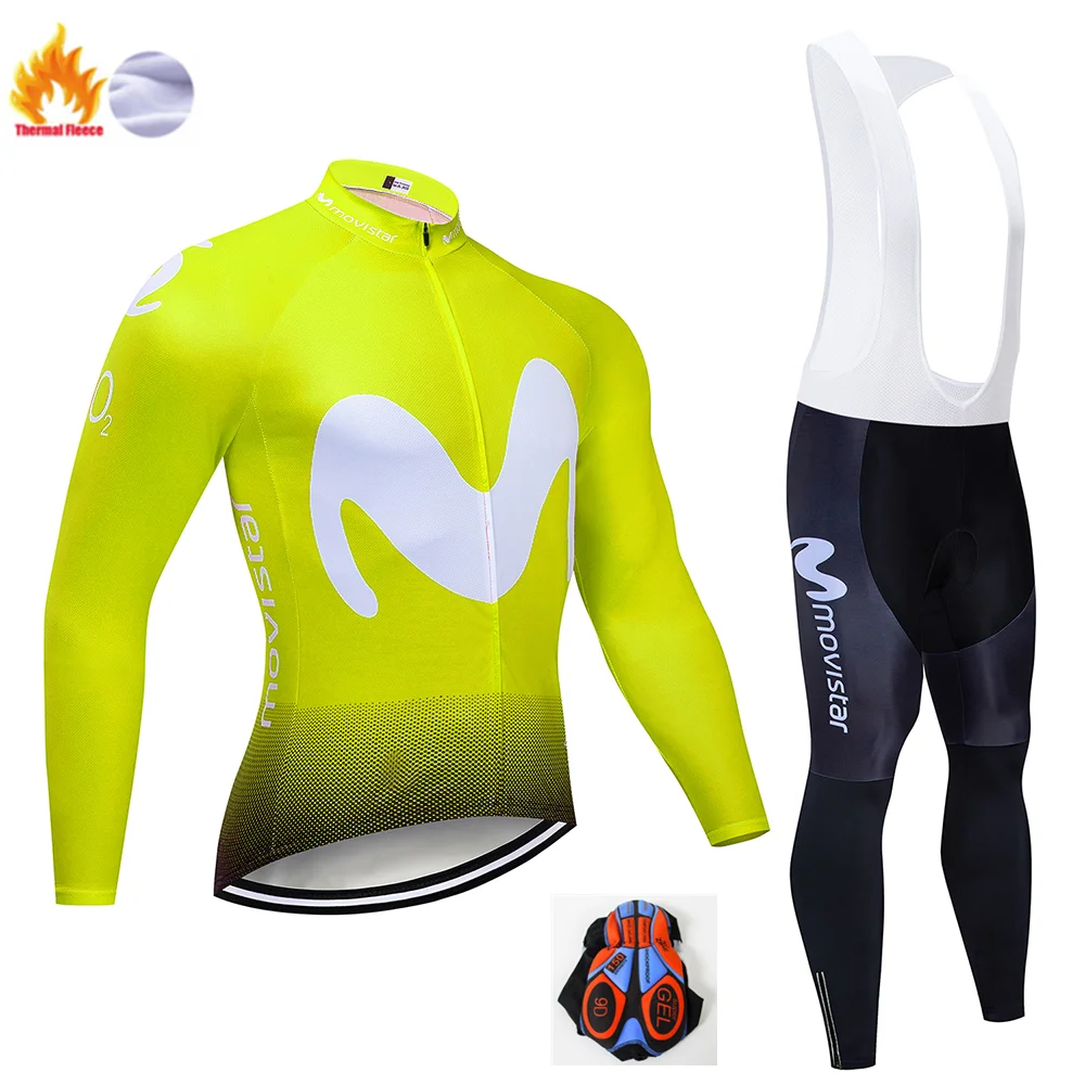 Winter suit Зимняя Теплая Флисовая мужская майка Movistar с длинным рукавом для езды на велосипеде, велосипедная 9D Подушка, штаны, комплекты одежды для езды на велосипеде - Цвет: Winter suit