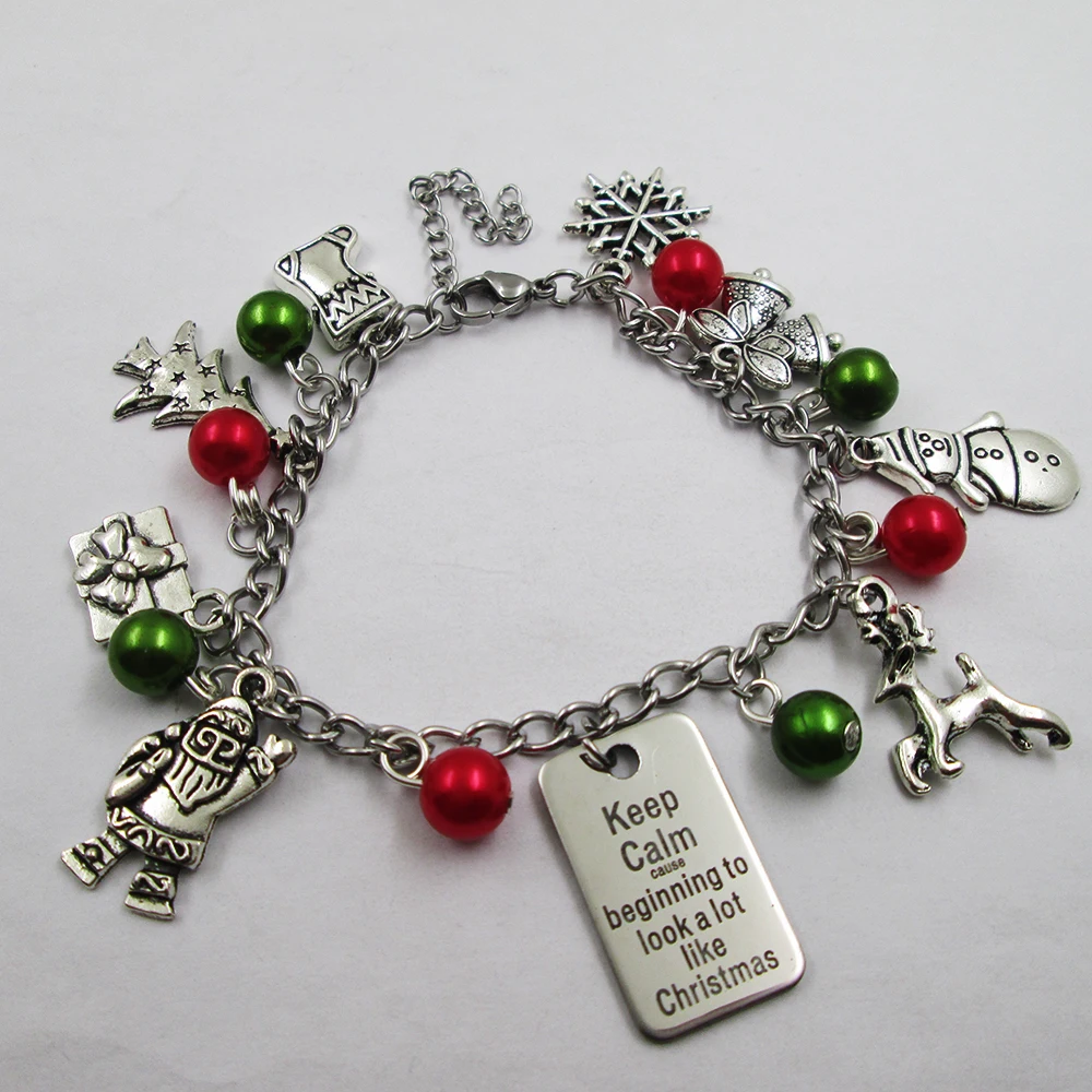 

keep calm and beginningTo Look A Lot Like christmas theme leather stainless steel chain bracelets gift presents