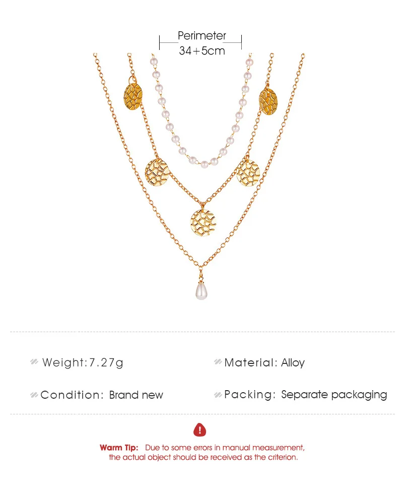 

Luxury Fashion New Disc Cracked Three-layer Necklace Women Personality Multi-layer Pearl Pendant Clavicle Chain Set