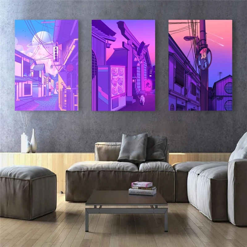 

Artist Cartoon Poster Purple Building City Home Decoration Wall Art Modular Canvas Painting Modern Picture for Living Room Decor