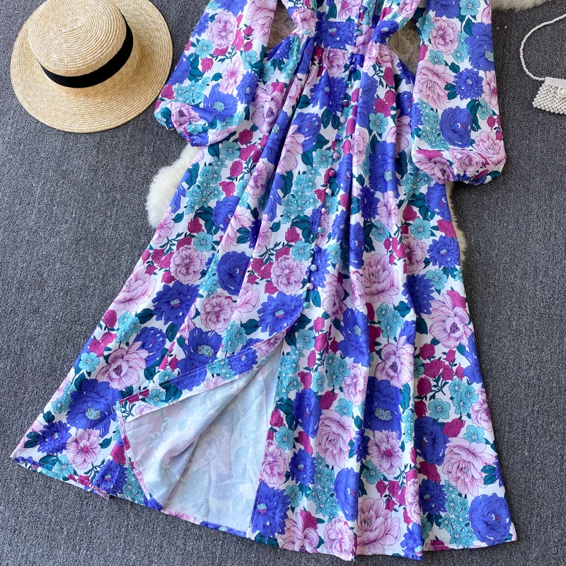 

Women Fashion Print Maxi Dress Spring Autumn V Neck Floral A Line Dresses Korean Casual Puff Sleeve Elegant Long Dress