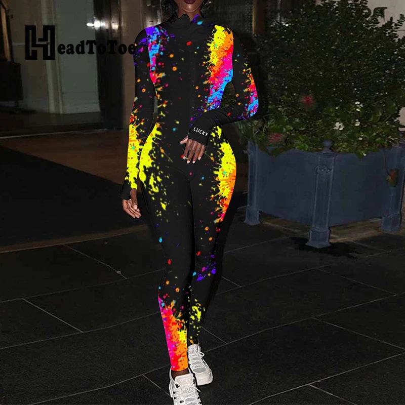 

Splash Ink Print Embroidery Streetwear Fashion Romper Woman Full Sleeve Round Neck Skinny Slim Jumpsuit Women
