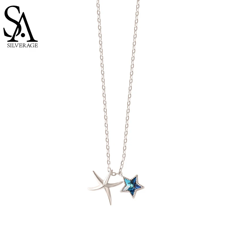 

SA SILVERAGE S925 Sterling Silver Starfish Necklace Female 2021 New Cold Wind Light Luxury Niche Design Star Clavicle Chain