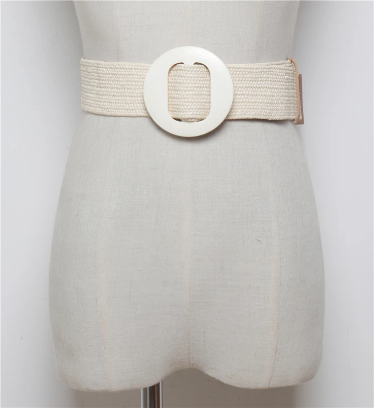 Round buckle White Новинка, винтажная вязаная Вощеная Веревка, деревянная бусина, поясная веревка, Женский гладкий ремень с пряжкой, Женский тканый эластичный плетеный ремень - Цвет: Round buckle White