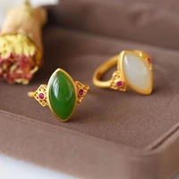 womens retro geometric s925 silver plated golden rings inlaid with imitation hetian white jade stone ring finger jewelry r1553