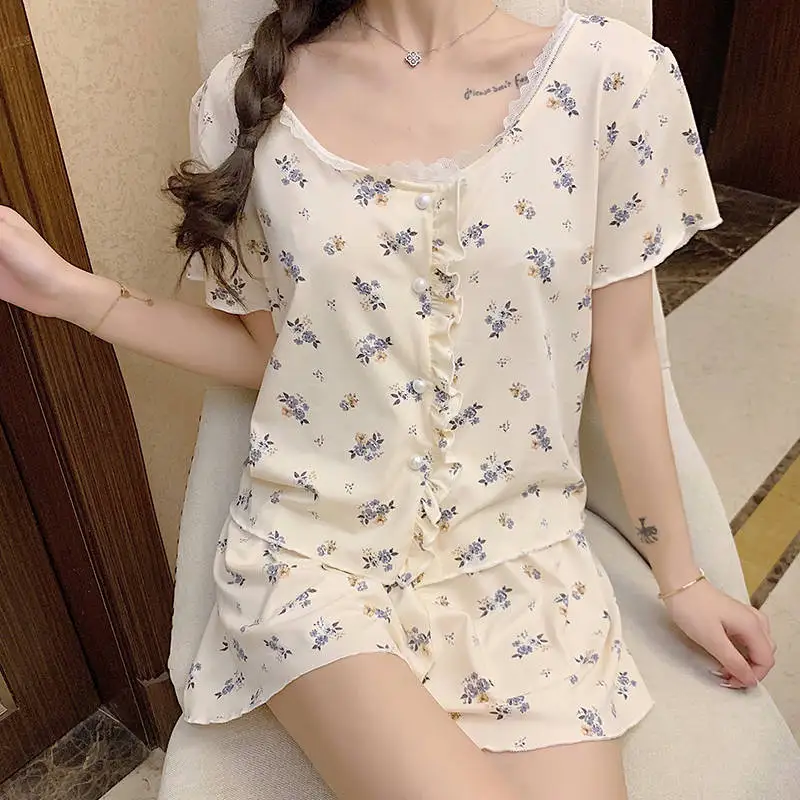 CAIYIER Summer Women Pajamas Set Korea Sweet Printing Sleepwear Short Sleeve Small Broken Flower Girl Lace Sexy Shorts Nightwear