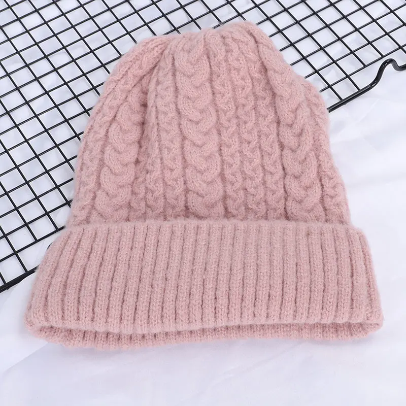 Pink Женские шапки, Зимняя шерстяная вязаная шапка, Женская однотонная вязаная шапка, Повседневная шапка, женская мягкая теплая утолщенная шапка с узором - Цвет: Pink