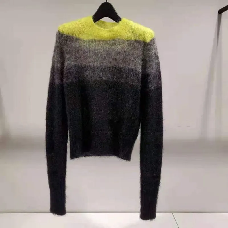 

Женский мохеровый вязаный короткий свитер, теплый шерстяной пуловер контрастных цветов с круглым вырезом и длинным рукавом, сезон осень-зи...