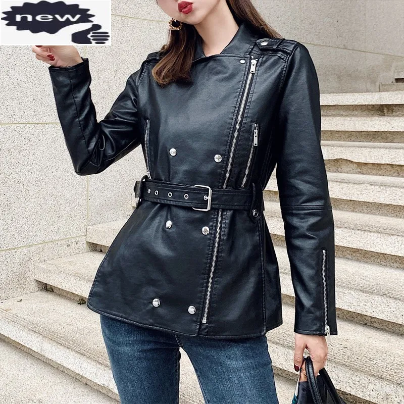 Women Autumn Biker Punk Coat Streetwear Belt Zipper Slim PU Leather Jacket Female Black Medium-Long Office Lady Outerwear S-L