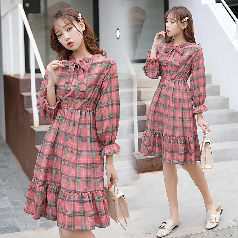 

Women's Dresses Fashion Casual Academy Wind Lotus Leaf Cuffs Nine Cent Sleeve Scarf Collar Red Plaid Dress Spring Women