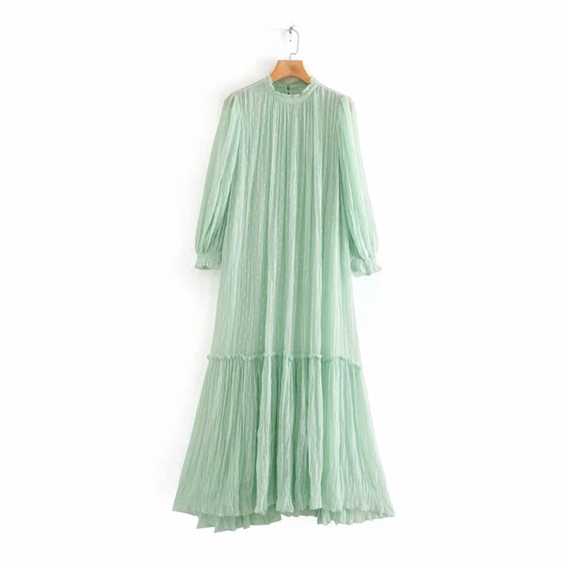 

YOSIBCD Women 2021 Chic Fahsion With Lining Ruffled Midi Dress Vintage High Collar See Through Sleeve Female Dresses Vestidos