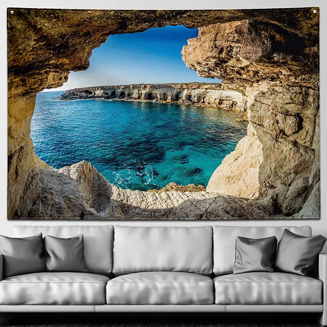 

Настенный гобелен в виде морской пещеры, настенное украшение для синего океана, натуральный ландшафт, Летний Пляжный остров, Большой Настен...