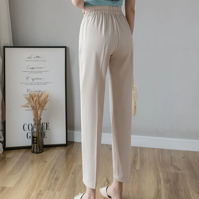 

Woman Pants 2020 Autumn Casual Full Length Elastic Waist Pockets Spliced Solid High Flat Pants for Women Black Pants 0835