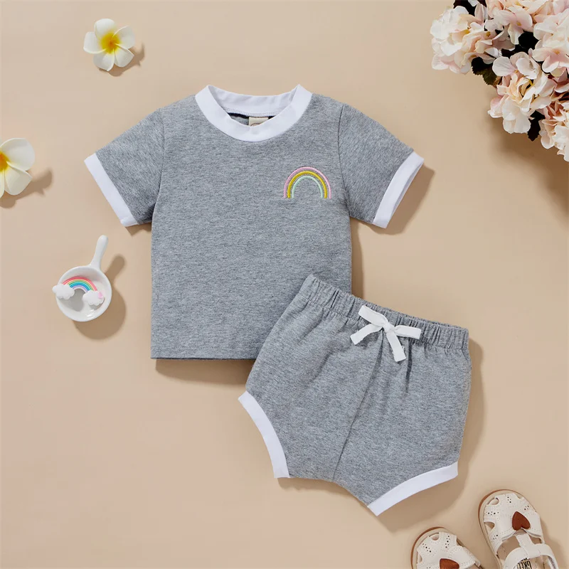 

Baby Girl Boys Summer Casual 2Pcs Clothes Set Rainbow Pattern Short Sleeve T-shirt +High Waist Shorts Set Kids Outfits For 0-3Y