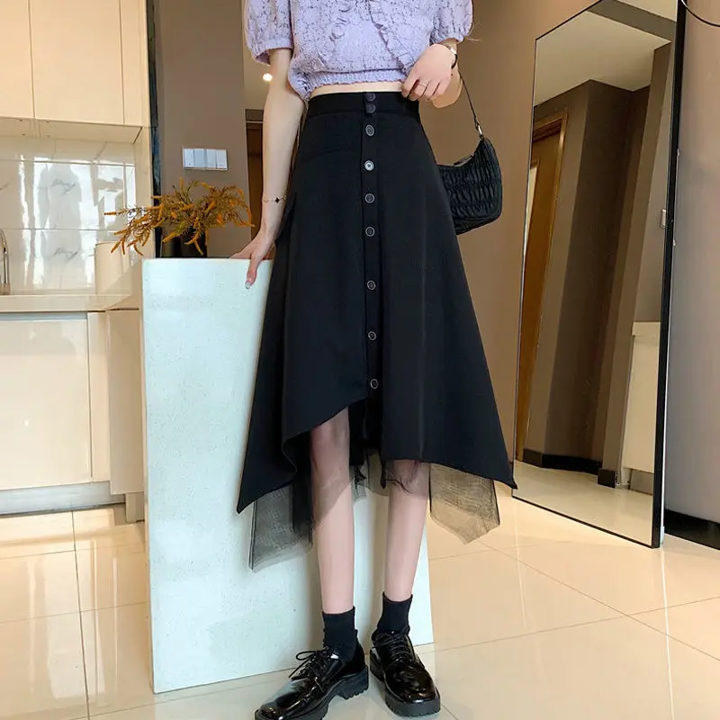 

Fashion Korean Vintage Summer New Irregular Lattice Skirt Women's High Waist A-line Medium Length Temperament Chic Skirt