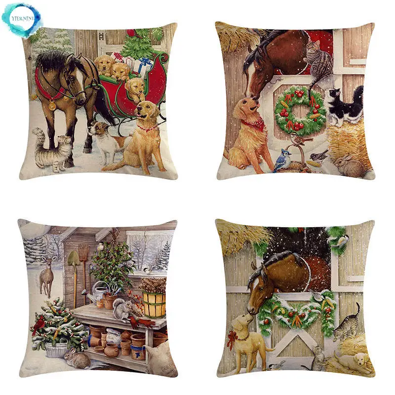 

Christmas Xmas Cushion Cover Cartoon Horse Cat Dog Design Cotton Linen Pillowcase Decorative Sofa Couch Pillow Cover 45X45CM