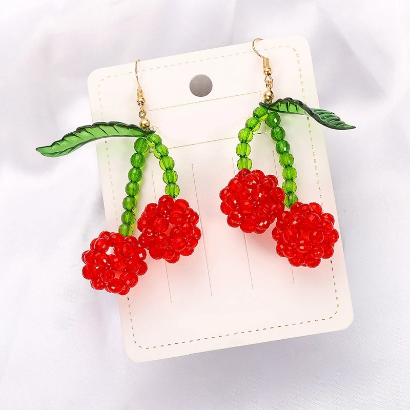 Богемные бусы фруктовые серьги вишневые листья силиконовые подвески уши женские