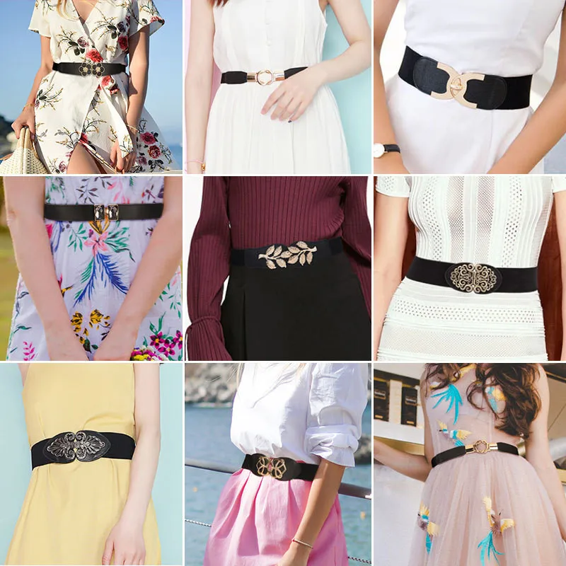 

High Quality Belts for Women Black Waist Elastic Ladies Band Round Buckle Decoration Coat Sweater Fashion Dress Rice White