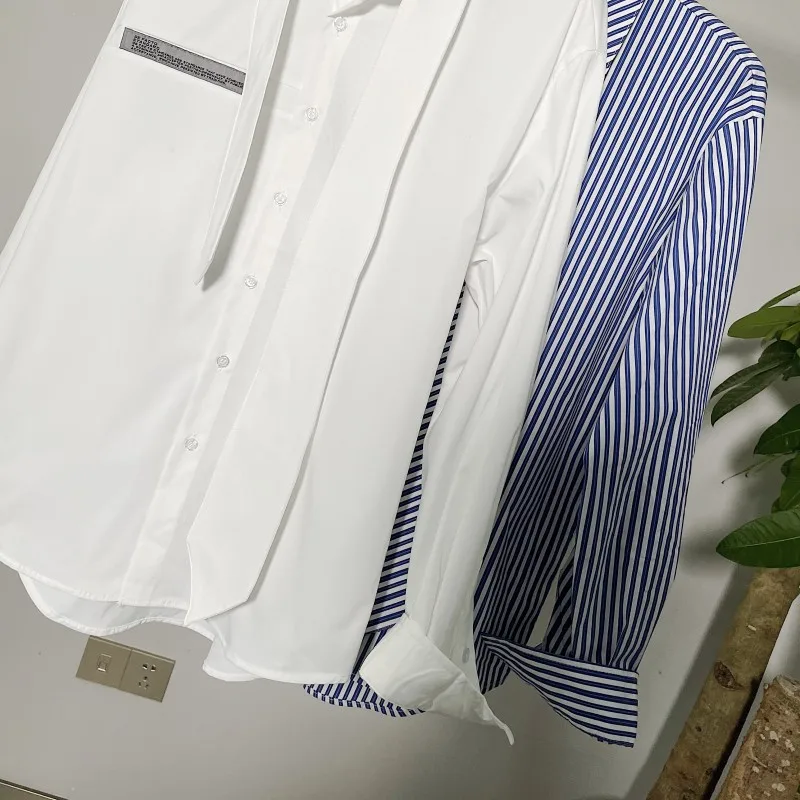 

Fashion Thin Section Casual White Shirt Men Long Sleeve Korean Style Necktie Shirt Design Loose Mens Blue White Striped Shirts