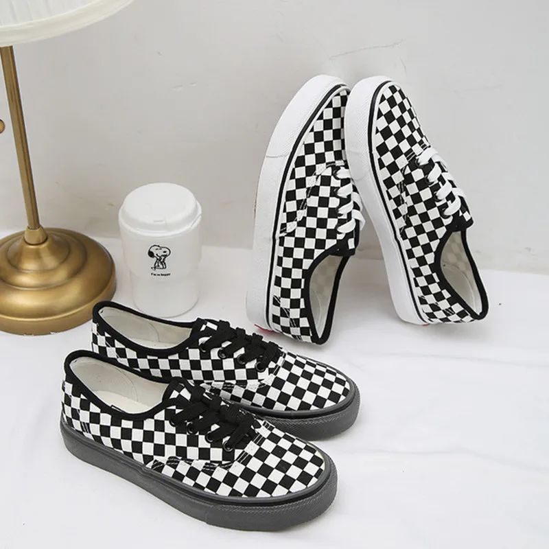 Checked Canvas Vulcanized Shoes For Both Men And Women Casual Loafers With No Lacing At One Stepulzzang Freeshipping Sale
