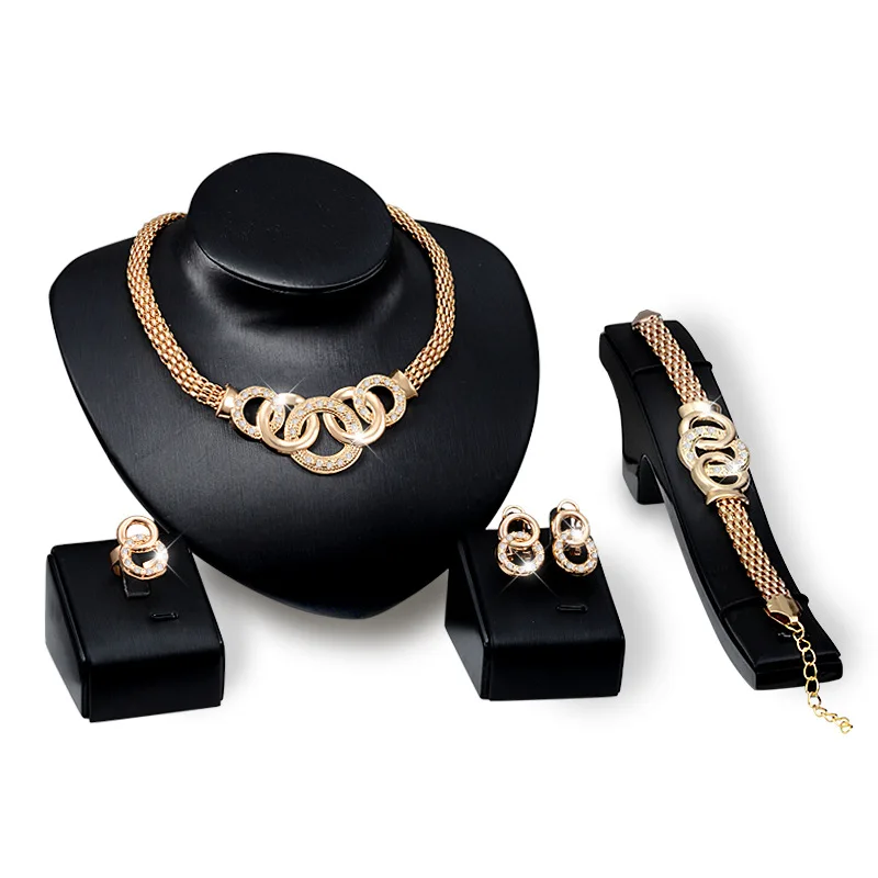 

Fashion Women Crystal Handcuffs Necklace Earring Bracelet Ring Set Gold Rhinestone Luxury Circle Cross Party Jewelry Sets