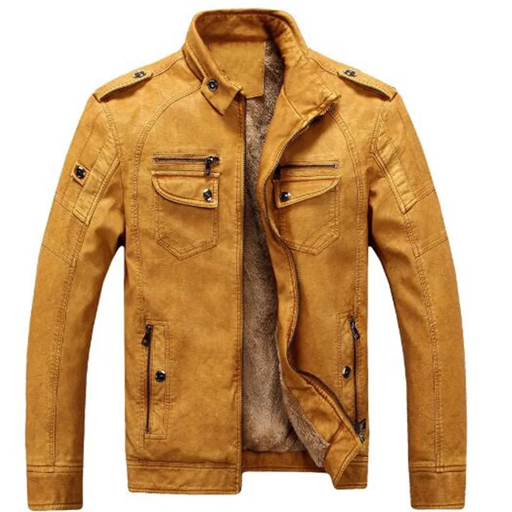 

Зимняя кожаная куртка для молодых мужчин, бархатная ретро куртка из потертой кожи с воротником-стойкой, толстая и короткая облегающая куртк...
